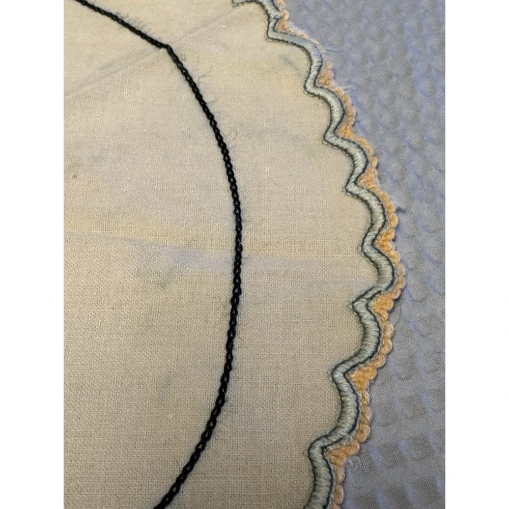 Vintage 12 in Linen Doily Blue Green Embroidered Peacock Handmade 1930-1950